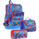 Kaukko Kids Üçlü Ilkokul 1.2.3.4. Sınıf Okul Çanta Seti - Mavi Kırmızı - Erkek Çocuk - Silikon Aksesuarlı - Mavi - Kırmızı