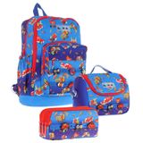 Kaukko Kids Üçlü İlkokul 1.2.3.4. Sınıf Okul Çanta Seti - Mavi Kırmızı - Erkek Çocuk - Silikon Aksesuarlı - Sırt Çantası