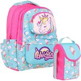 Kaukko Kız Çocuk 3D Unicorn Şekilli Turkuaz Pembe Okul Sırt Çantası ve Isı Yalıtımlı Beslenme Çantası Seti - Turkuaz - Pembe