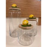 Kavanoz 3'lü 3 Boy El Yapımı Porselen Limon Dekorlu Vakumlu Kapak Yükseklikleri 21-14-11-Cm - Sarı