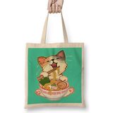 Kawaii Neko Kedi Cute Ramen Cat Japanese Noodle Anime Lover Bez Çanta Uzun Saplı - Açık Bej - 40 X 40