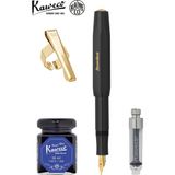 Kaweco Klasik Sport Siyah M Dolma Kalem Seti | Mini Piston + 50 ml Mavi Mürekkep + Altın Klips - Siyah