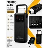 Kawigo 30000MAH Powerbank Dahili Kablolu 22.5W Hızlı Şarj Taşınabilir Kamp Lambalı Powerbank LED Fener Type-C Pd Power Bank Tüm Modellerle Uyumlu Powerbank - Siyah