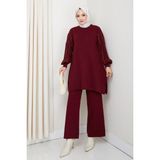 Kaya Butik Takım Balon Kol Simli Pantolonlu Tunik - Bordo - 38 - 44