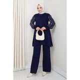 Kaya Butik Takım Balon Kol Simli Pantolonlu Tunik - Lacivert - 38 - 44