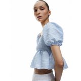 Kayık Yaka Gipeli Kısa Balon Kollu Pötikareli Dar Kesim Crop Bluz