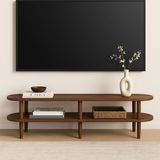 Kayın Masif Ahşap Oval Tv Ünitesi -160 x 38 cm – Modern 2 Katlı Raflı Tasarım Masif Tv Ünitesi - Ceviz