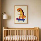 Kaykay Yapan Dinozor Çocuk Odası Duvar Posteri Çerçeveli Tablo Duvar Dekorasyonu - 21 x 30 - Ahşap Çerçeveli