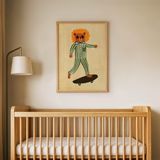 Kaykaycı Çizgili Aslan Çocuk Odası Duvar Posteri Çerçeveli Tablo Duvar Dekorasyonu - 30 x 40 - Ahşap Çerçeveli