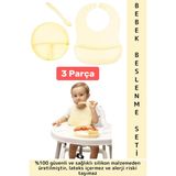 Kaymaz Sağlıklı Önlük Diş Kaşıyıcılı Kaşık Vakumlu Tabak 3 Parça Silikon Bebek Beslenme Seti Sarı