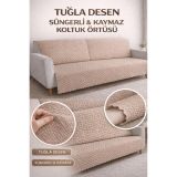 Kaymaz Süngerli Koltuk Örtüsü 160x205 Tuğla Desenli 4 Mevsim Kullanışlı Makinede Yıkanabilir (vizon)