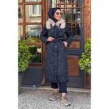 Kayra Baklava Desen Suni Kürklü Mont Polyester Kadın Regular Kalıp Lacivert - 42