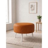 Kayser Home Büyük Yuvarlak Deri Puf - 60 cm Ahşap Beyaz Ayaklı Salon ve Orta Sehpa Pufu Taba - 46 x 60