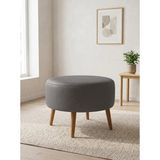 Kayser Home Büyük Yuvarlak Deri Puf - 60 cm Ahşap Ceviz Ayaklı Salon ve Orta Sehpa Pufu Gri - 46 x 60