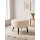 Kayser Home Büyük Yuvarlak Deri Puf - 60 cm Ahşap Siyah Ayaklı Salon ve Orta Sehpa Pufu Krem - 46 x 60