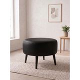 Kayser Home Büyük Yuvarlak Deri Puf - 60 cm Ahşap Siyah Ayaklı Salon ve Orta Sehpa Pufu Siyah - 46 x 60