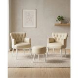Kayser Home Krem 2’li Berjer Seti Puflu Deri Kumaş Modern Oturma Seti Beyaz Ahşap Ayaklı