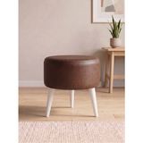 Kayser Home Modern Acı Kahve Deri Puf Tabure Ahşap Beyaz Ayaklı Yuvarlak Puf 40X42 cm