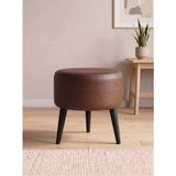 Kayser Home Modern Acı Kahve Deri Puf Tabure Ahşap Siyah Ayaklı Yuvarlak Puf 40X42 cm