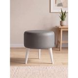 Kayser Home Modern Gri Deri Puf Tabure Ahşap Beyaz Ayaklı Yuvarlak Puf 40X42 cm