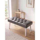 Kayser Home Modern Kapitoneli Gri Deri Kumaş Bench Puf Oturma Bankı Ahşap Beyaz Ayaklı Demonte 90X45 - 45 x 90