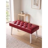 Kayser Home Modern Kapitoneli Kırmızı Deri Kumaş Bench Puf Oturma Bankı Ahşap Beyaz Ayaklı Demonte 90X45 - 45 x 90