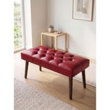 Kayser Home Modern Kapitoneli Kırmızı Deri Kumaş Bench Puf Oturma Bankı Ahşap Ceviz Ayaklı Demonte 90X45 - 45 x 90