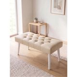 Kayser Home Modern Kapitoneli Krem Deri Kumaş Bench Puf Oturma Bankı Ahşap Beyaz Ayaklı Demonte 90X45 - 45 x 90