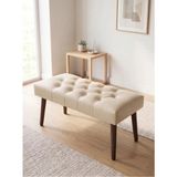 Kayser Home Modern Kapitoneli Krem Deri Kumaş Bench Puf Oturma Bankı Ahşap Ceviz Ayaklı Demonte 90X45 - 45 x 90