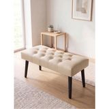 Kayser Home Modern Kapitoneli Krem Deri Kumaş Bench Puf Oturma Bankı Ahşap Siyah Ayaklı Demonte 90X45 - 45 x 90