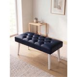 Kayser Home Modern Kapitoneli Lacivert Deri Kumaş Bench Puf Oturma Bankı Ahşap Beyaz Ayaklı Demonte 90X45 - 45 x 90