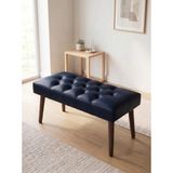 Kayser Home Modern Kapitoneli Lacivert Deri Kumaş Bench Puf Oturma Bankı Ahşap Ceviz Ayaklı Demonte 90X45 - 45 x 90