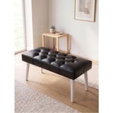 Kayser Home Modern Kapitoneli Siyah Deri Kumaş Bench Puf Oturma Bankı Ahşap Beyaz Ayaklı Demonte 90X45 - 45 x 90