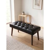 Kayser Home Modern Kapitoneli Siyah Deri Kumaş Bench Puf Oturma Bankı Ahşap Ceviz Ayaklı Demonte 90X45 - 45 x 90