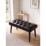 Kayser Home Modern Kapitoneli Siyah Deri Kumaş Bench Puf Oturma Bankı Ahşap Siyah Ayaklı Demonte 90X45 - 45 x 90