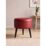 Kayser Home Modern Kırmızı Deri Puf Tabure Ahşap Siyah Ayaklı Yuvarlak Puf 40X42 cm
