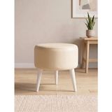 Kayser Home Modern Krem Deri Puf Tabure Ahşap Beyaz Ayaklı Yuvarlak Puf 40X42 cm