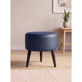Kayser Home Modern Lacivert Deri Puf Tabure Ahşap Siyah Ayaklı Yuvarlak Puf 40X42 cm
