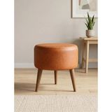 Kayser Home Modern Taba Deri Puf Tabure Ahşap Ceviz Ayaklı Yuvarlak Puf 40X42 cm