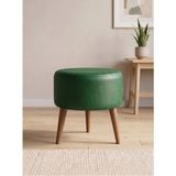 Kayser Home Modern Yeşil Deri Puf Tabure Ahşap Ceviz Ayaklı Yuvarlak Puf 40X42 cm