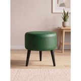 Kayser Home Modern Yeşil Deri Puf Tabure Ahşap Siyah Ayaklı Yuvarlak Puf 40X42 cm