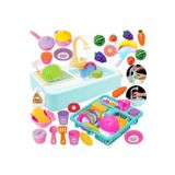 Kayyum Oyuncak Oyuncak Mutfak Çeşmeli Lavabo Set + Frozen Bulaşıklık + Tabaklar + Kesilebilen Meyve Set Depomiks