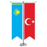 Kazakistan Cumhuriyeti Bayrağı ve Türkiye -Kırlangıç -Saten T direk 2li Masa Bayrağı