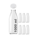Kazan Hobi 1000 ml Şeffaf Cam Şişe, 1000 Cc, Süt, Ayran, Su, Limonata ve Meşrubat Için, Yırtmalı Kapaklı, 6 Adet, Beyaz Kilitli Kapak - Renkli