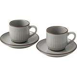 Kazan Hobi 2'li Set Çizgili Seramik Fincan Takımı | Mat Kahverengi Beyaz Rustik Espresso & Türk Kahvesi Fincanı | Çift Kişilik Kulplu Servis Seti | Modern Ev ve Kafe Stili