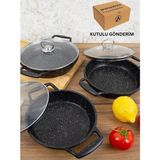 Kazan Hobi 6'lı Granit Tava Seti, Cam Kapaklı, Döküm, Siyah, 18-20-22 cm