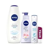 Kazan Hobi Banyo Seti, Cream Soft Duş Jeli 750 Ml, Fresh Natural Kadın Deodorant 150 Ml, Vücut Losyonu 400 Ml, Böğürtlen Dudak Bakım Kremi ve Banyo Terliği Hediye