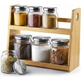 Kazan Hobi Deconox 8 Parça Borosilikat Cam Baharatlık Seti (700 Ml) - Paslanmaz Çelik Kapaklı ve Bambu Kapak Sçenekli 2 Katlı Bambu Standlı Tezgah Üstü Erzak Kabı ve Mutfak Düzenleyici Organizer (Bambu Kapak)