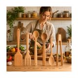 Kazan Hobi Doğal Şimşir Ağacından Ahşap Mutfak Seti, Spatula, Çatal, Kaşık ve Maşa, 6 Parça, Doğal Renk - Çok Renkli