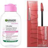 Kazan Hobi Garnier Skin Naturals Micellar Kusursuz Makyaj Temizleme Suyu (100 Ml) & Maybelline New York Super Stay Vinyl Ink Uzun Süre Kalıcı Likit Parlak Ruj 15 Peachy